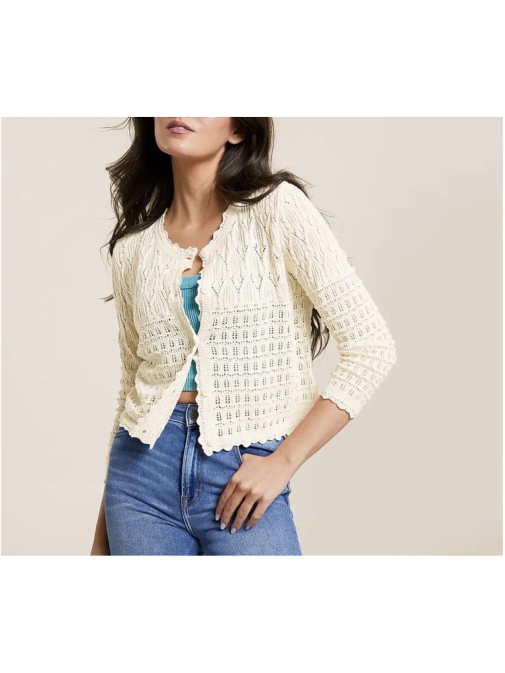 Z SUPPLY Nilo Knit Crochet Cardigan Cream Scallop Trim Boho Sweater Size Small